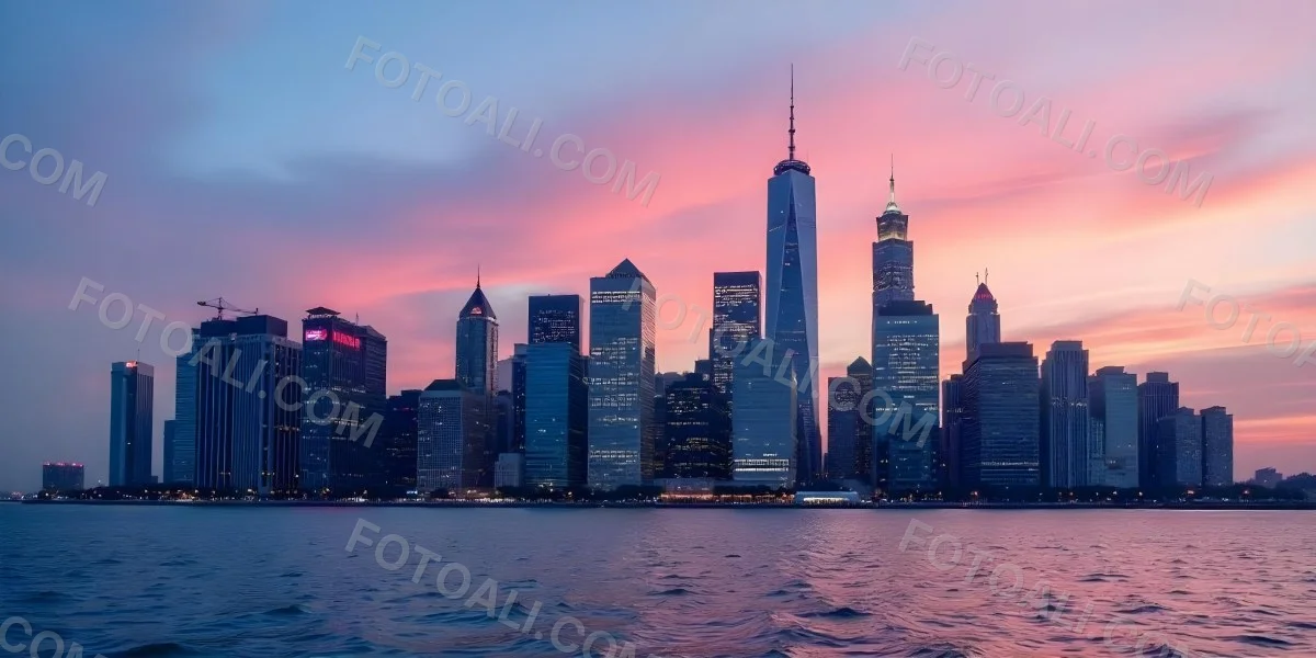 Skyline Of A Modern City With Skyscrapers Featuring A Mix Of Architectural Styles Set Against A Colorful Sky At Dusk With A Body Of Water In The Foreground 11 517c