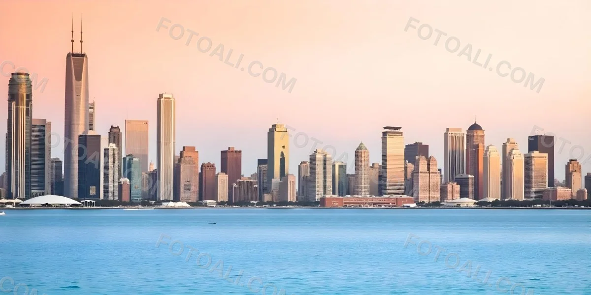 Skyline Of A Modern City With Skyscrapers Featuring A Mix Of Architectural Styles Set Against A Colorful Sky At Dusk With A Body Of Water In The Foreground 12 29b7