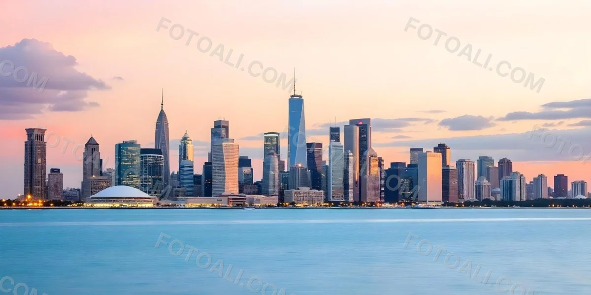 Skyline Of A Modern City With Skyscrapers Featuring A Mix Of Architectural Styles Set Against A Colorful Sky At Dusk With A Body Of Water In The Foreground 13 8e09