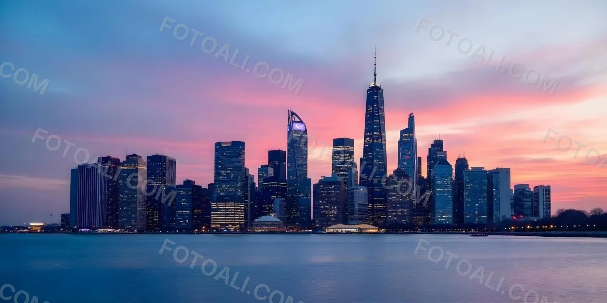 Skyline Of A Modern City With Skyscrapers Featuring A Mix Of Architectural Styles Set Against A Colorful Sky At Dusk With A Body Of Water In The Foreground 14 Ec59