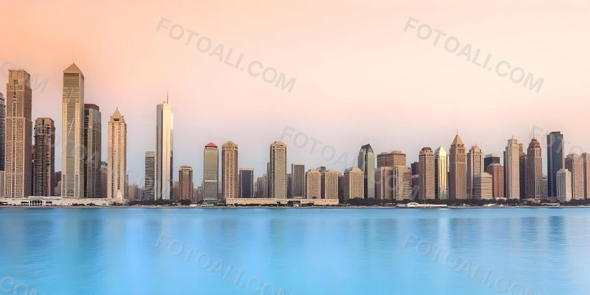 Skyline Of A Modern City With Skyscrapers Featuring A Mix Of Architectural Styles Set Against A Colorful Sky At Dusk With A Body Of Water In The Foreground 20 Fc7f