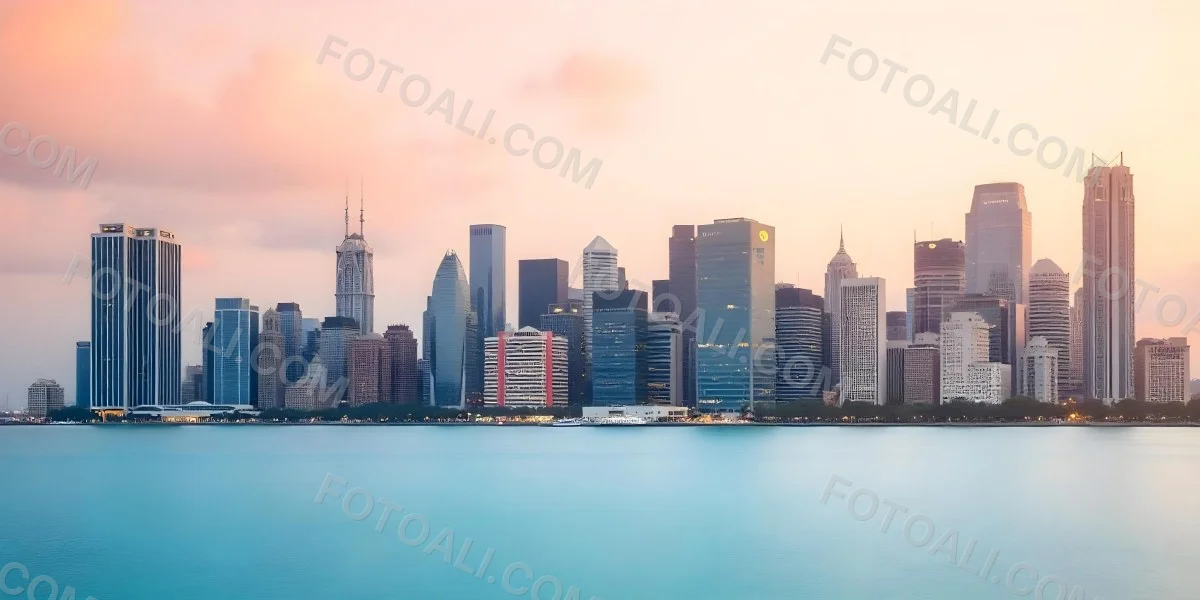 Skyline Of A Modern City With Skyscrapers Featuring A Mix Of Architectural Styles Set Against A Colorful Sky At Dusk With A Body Of Water In The Foreground 29 D2fa
