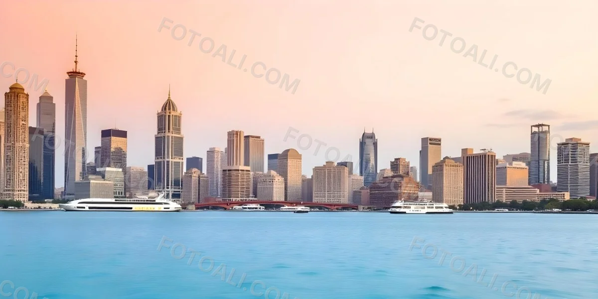 Skyline Of A Modern City With Skyscrapers Featuring A Mix Of Architectural Styles Set Against A Colorful Sky At Dusk With A Body Of Water In The Foreground 33 63c4
