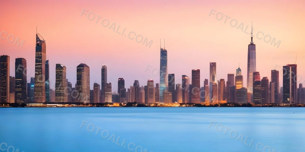 Skyline Of A Modern City With Skyscrapers Featuring A Mix Of Architectural Styles Set Against A Colorful Sky At Dusk With A Body Of Water In The Foreground 34 5d59