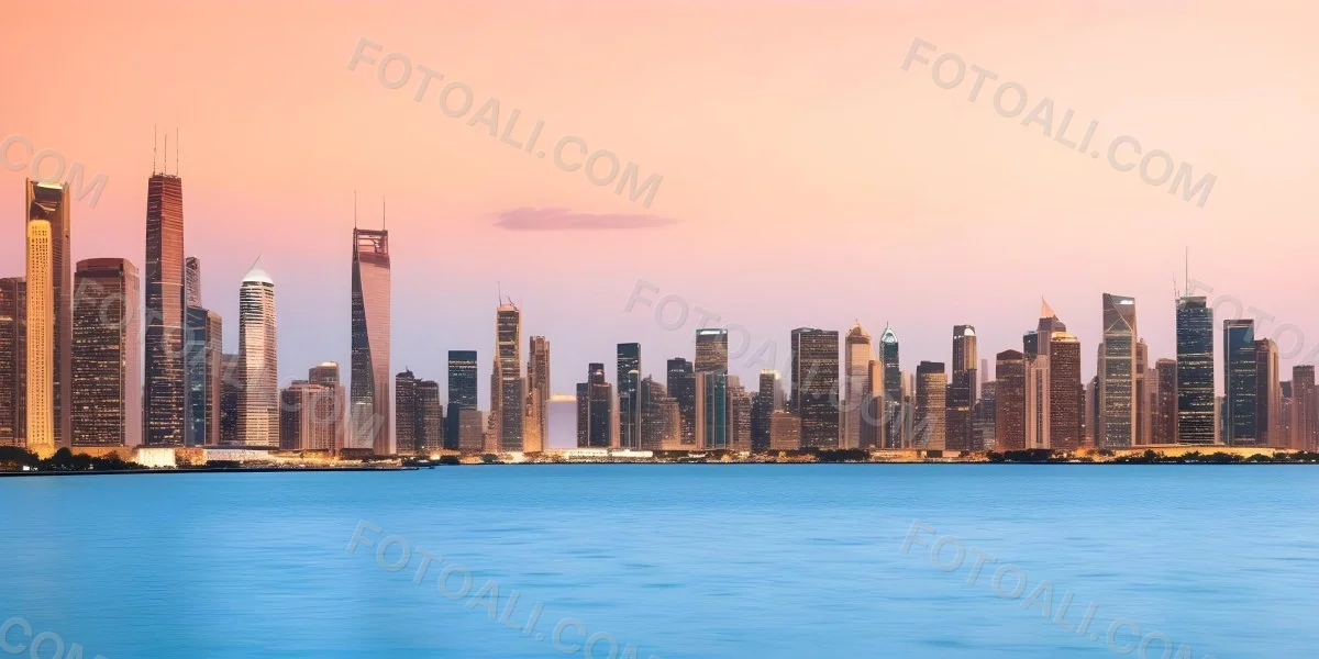Skyline Of A Modern City With Skyscrapers Featuring A Mix Of Architectural Styles Set Against A Colorful Sky At Dusk With A Body Of Water In The Foreground 35 2d8f