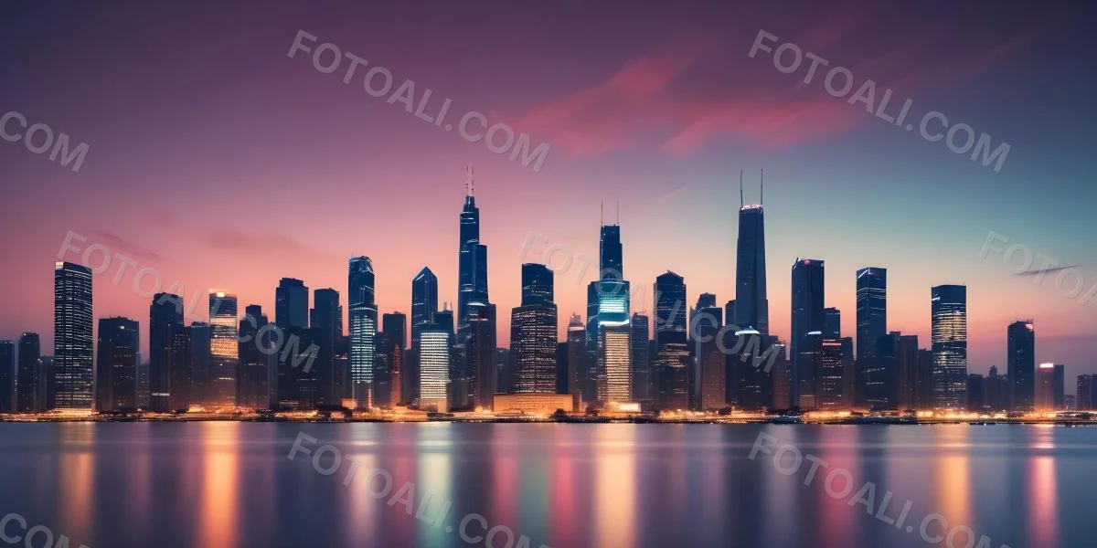 Skyline Of A Modern City With Skyscrapers Featuring A Mix Of Architectural Styles Set Against A Colorful Sky At Dusk With A Body Of Water In The Foreground 37 9664