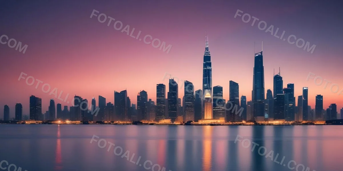 Skyline Of A Modern City With Skyscrapers Featuring A Mix Of Architectural Styles Set Against A Colorful Sky At Dusk With A Body Of Water In The Foreground 38 C212