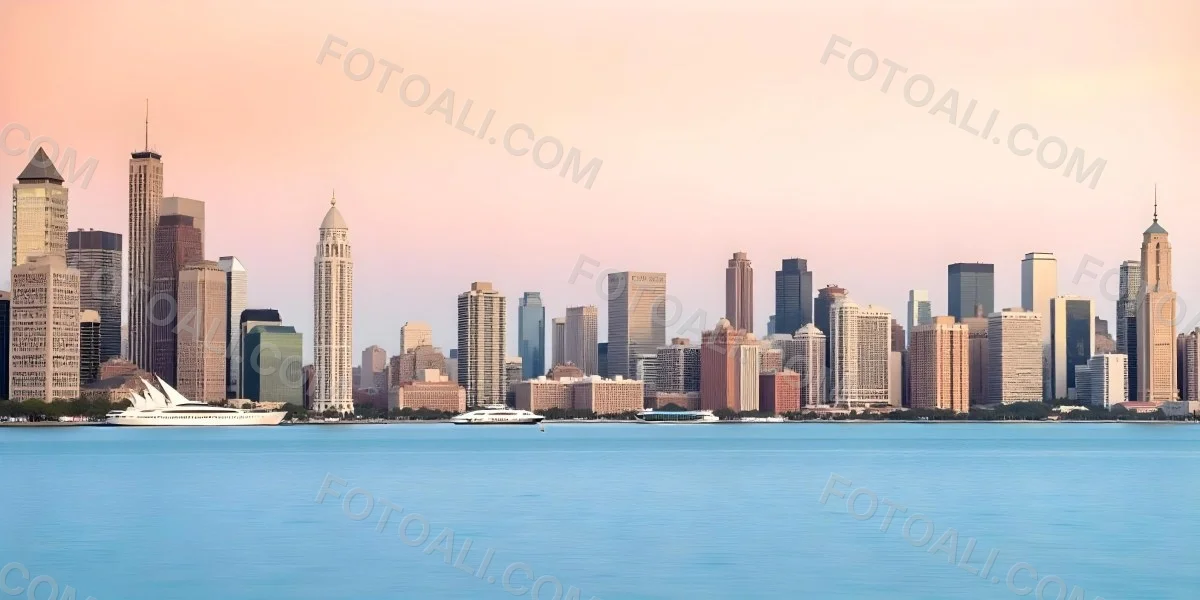 Skyline Of A Modern City With Skyscrapers Featuring A Mix Of Architectural Styles Set Against A Colorful Sky At Dusk With A Body Of Water In The Foreground 4 355a