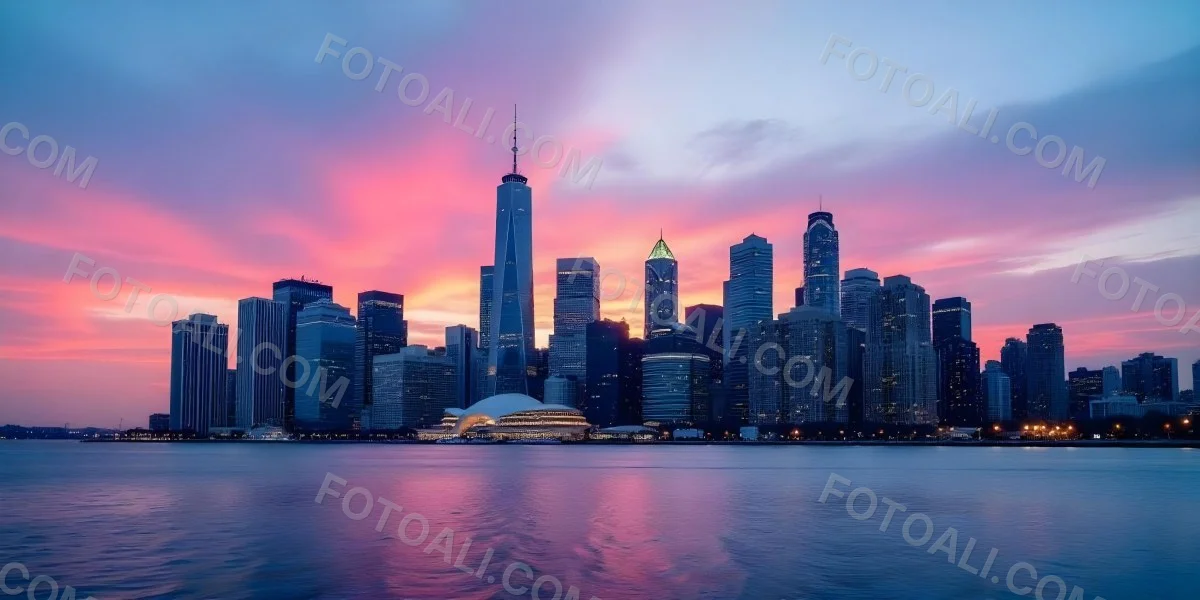 Skyline Of A Modern City With Skyscrapers Featuring A Mix Of Architectural Styles Set Against A Colorful Sky At Dusk With A Body Of Water In The Foreground 5 2ab7