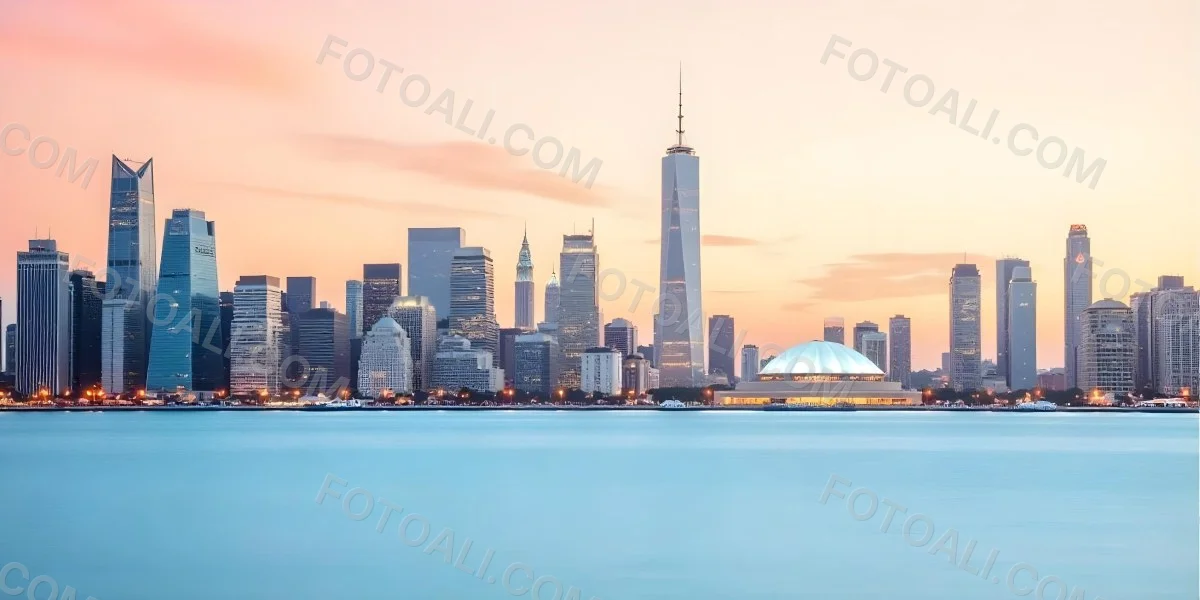 Skyline Of A Modern City With Skyscrapers Featuring A Mix Of Architectural Styles Set Against A Colorful Sky At Dusk With A Body Of Water In The Foreground 8 1ec9