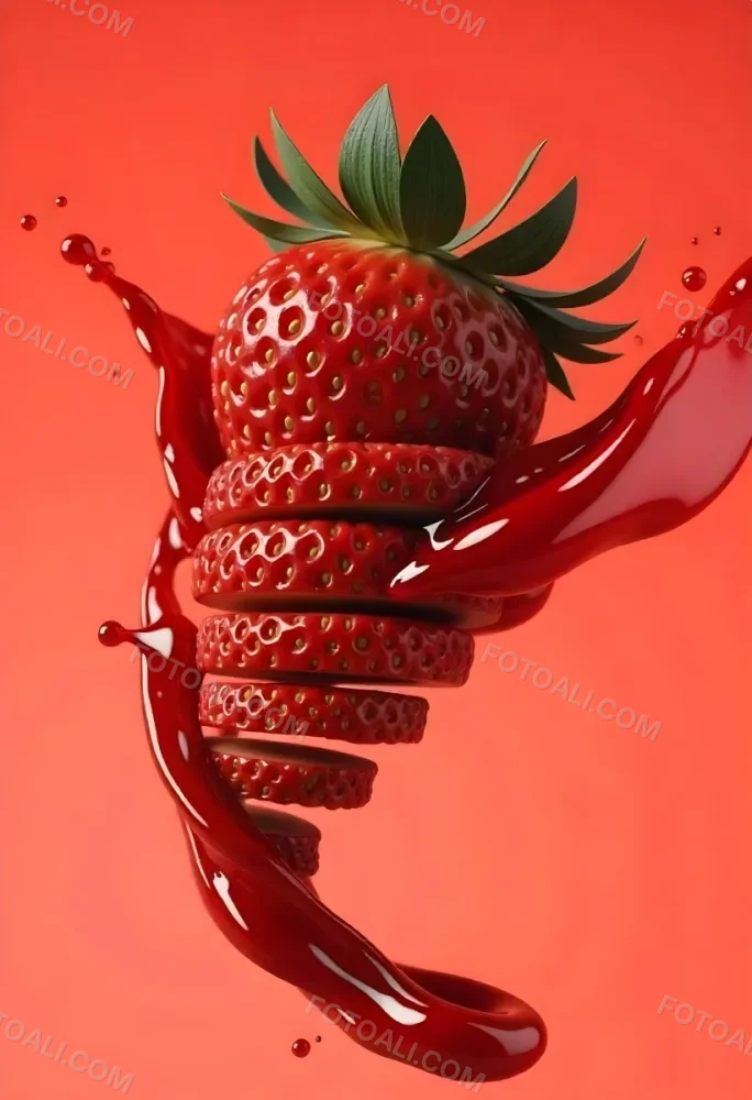 Sliced Strawberry With Red Liquid Splash Vibrant Colors Studio Shot Clean Background Dynamic Composition Food Photography Close Up Juicy Refreshing Appetizing Visually Appealing Mouthwatering 30 Ad5d