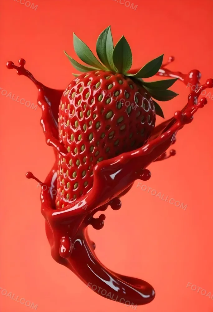 Sliced Strawberry With Red Liquid Splash Vibrant Colors Studio Shot Clean Background Dynamic Composition Food Photography Close Up Juicy Refreshing Appetizing Visually Appealing Mouthwatering 32 8e34