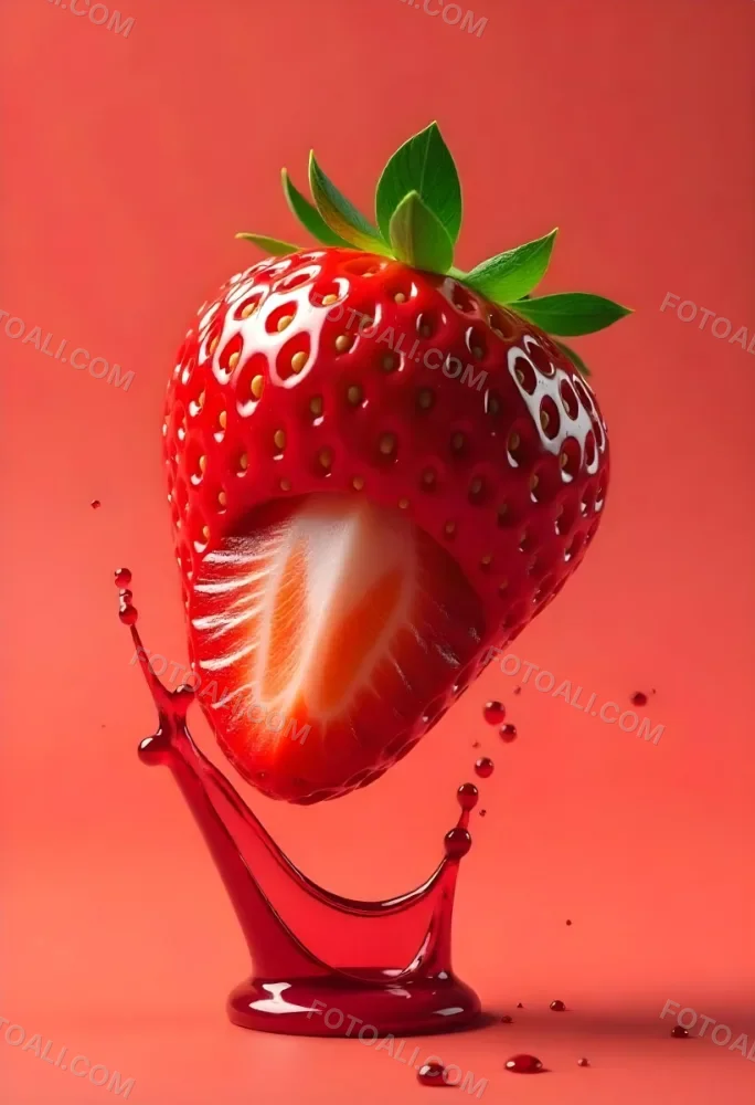 Sliced Strawberry With Red Liquid Splash Vibrant Colors Studio Shot Clean Background Dynamic Composition Food Photography Close Up Juicy Refreshing Appetizing Visually Appealing Mouthwatering 6 39b2