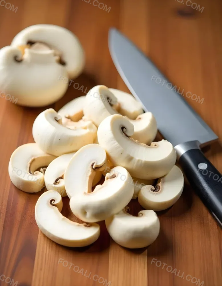 Sliced White Mushrooms On A Wooden Cutting Board With A Knife 2 3929