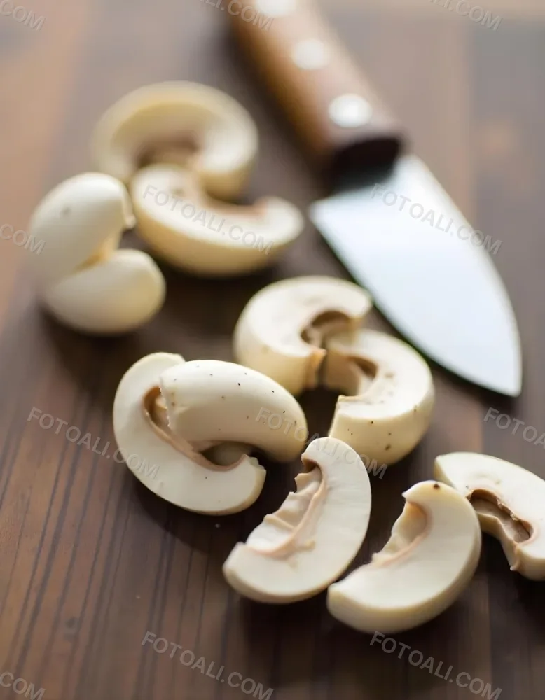 Sliced White Mushrooms On A Wooden Cutting Board With A Knife 3 E6c4