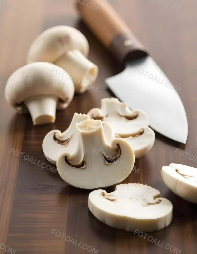 Sliced White Mushrooms On A Wooden Cutting Board With A Knife 4 877c