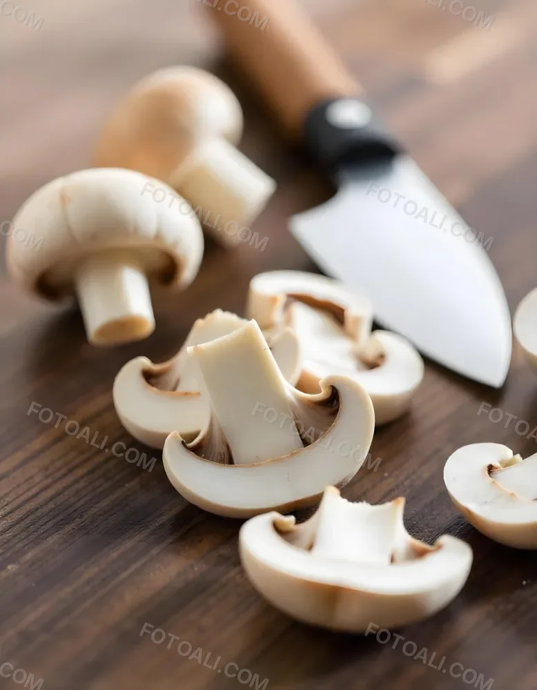 Sliced White Mushrooms On A Wooden Cutting Board With A Knife 5 42f1