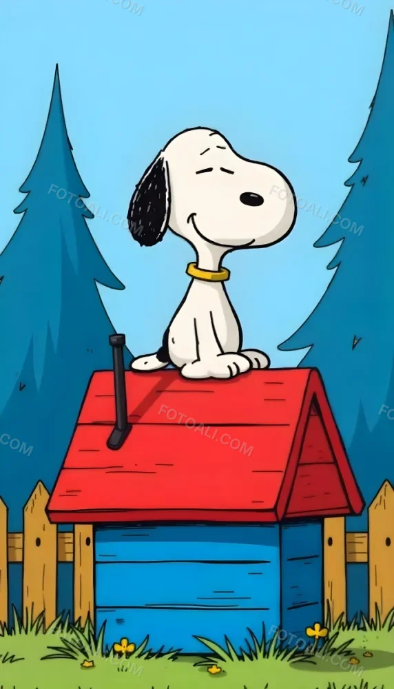 Snoopy Sitting On A Blue And Red Birdhouse With A Yellow Roof Black Fur Red Ears Yellow Collar Wooden Fence And Blue Trees In The Background 13 31f0