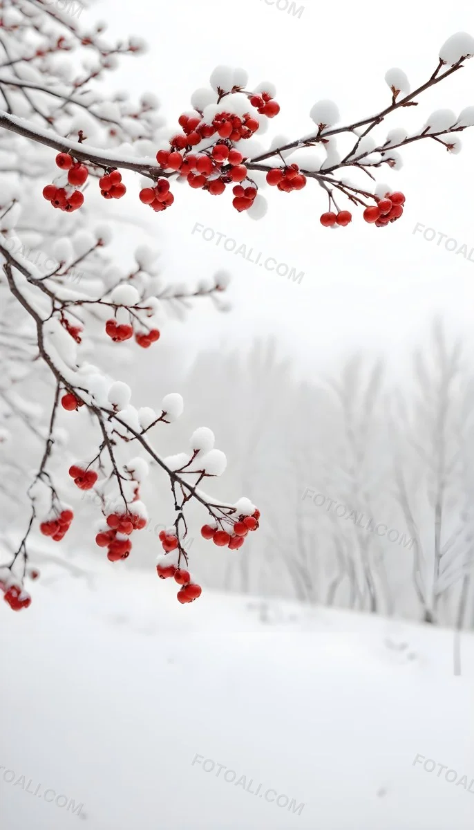 Snowy Branches With Red Berries Winter Landscape With Blurred Background 28 098b