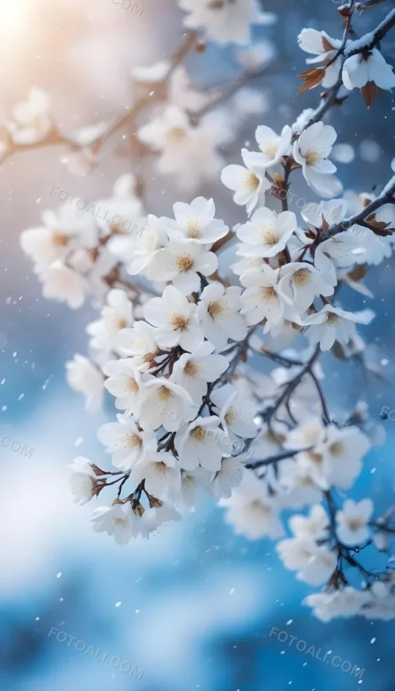 Snowy Tree Branches With White Blossoms Against A Blurred Blue Background With Falling Snowflakes 1 6781
