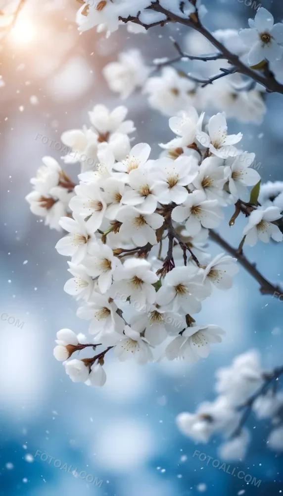Snowy Tree Branches With White Blossoms Against A Blurred Blue Background With Falling Snowflakes 2 203e