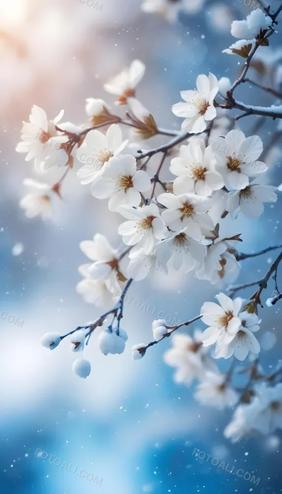 Snowy Tree Branches With White Blossoms Against A Blurred Blue Background With Falling Snowflakes 3 3e18