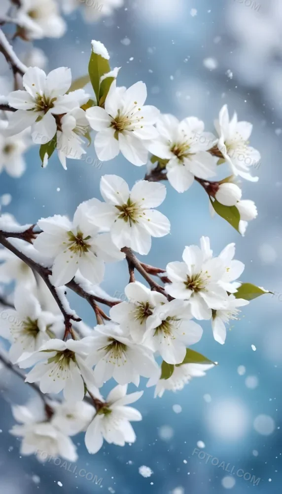 Snowy Tree Branches With White Blossoms Against A Blurred Blue Background With Falling Snowflakes 4 Dd93