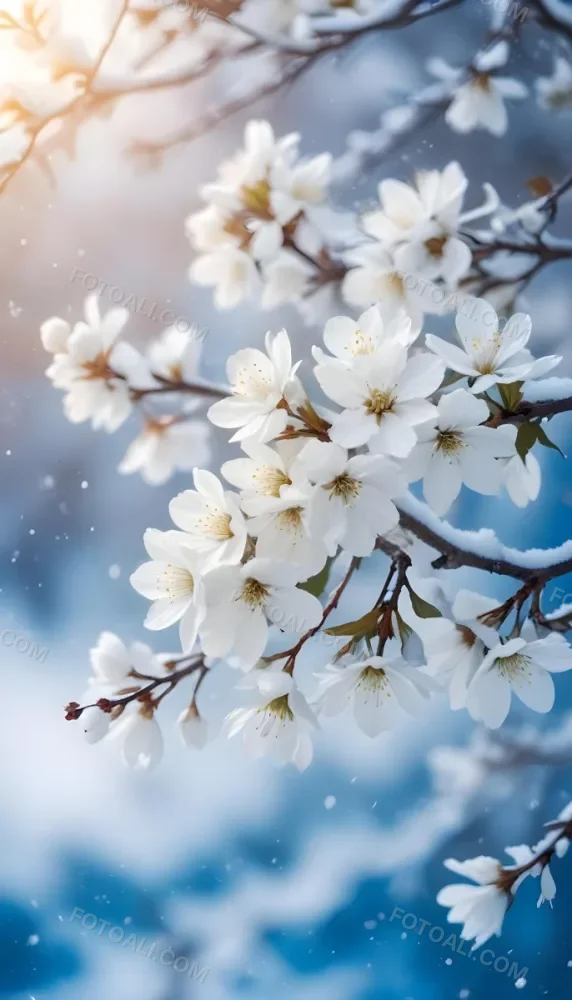 Snowy Tree Branches With White Blossoms Against A Blurred Blue Background With Falling Snowflakes 6 Ab06