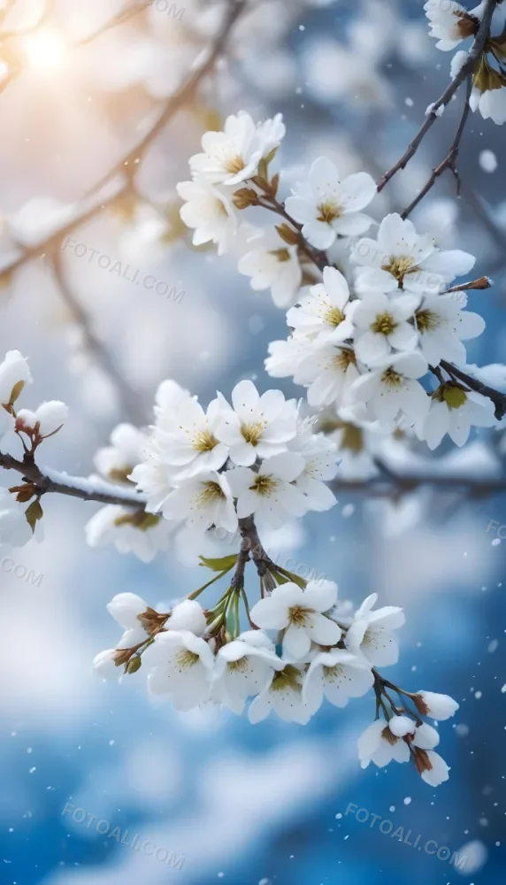 Snowy Tree Branches With White Blossoms Against A Blurred Blue Background With Falling Snowflakes 7 5d5f