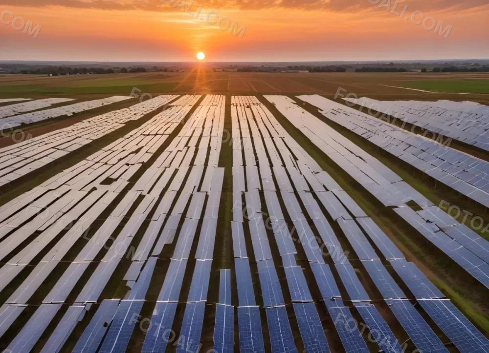 Solar Panel Field Reflecting The Orange Sunset The Panels Are Aligned In Rows The Sky Is Cloudy And Colorful The Environment Is A Rural Area 1 Cb62