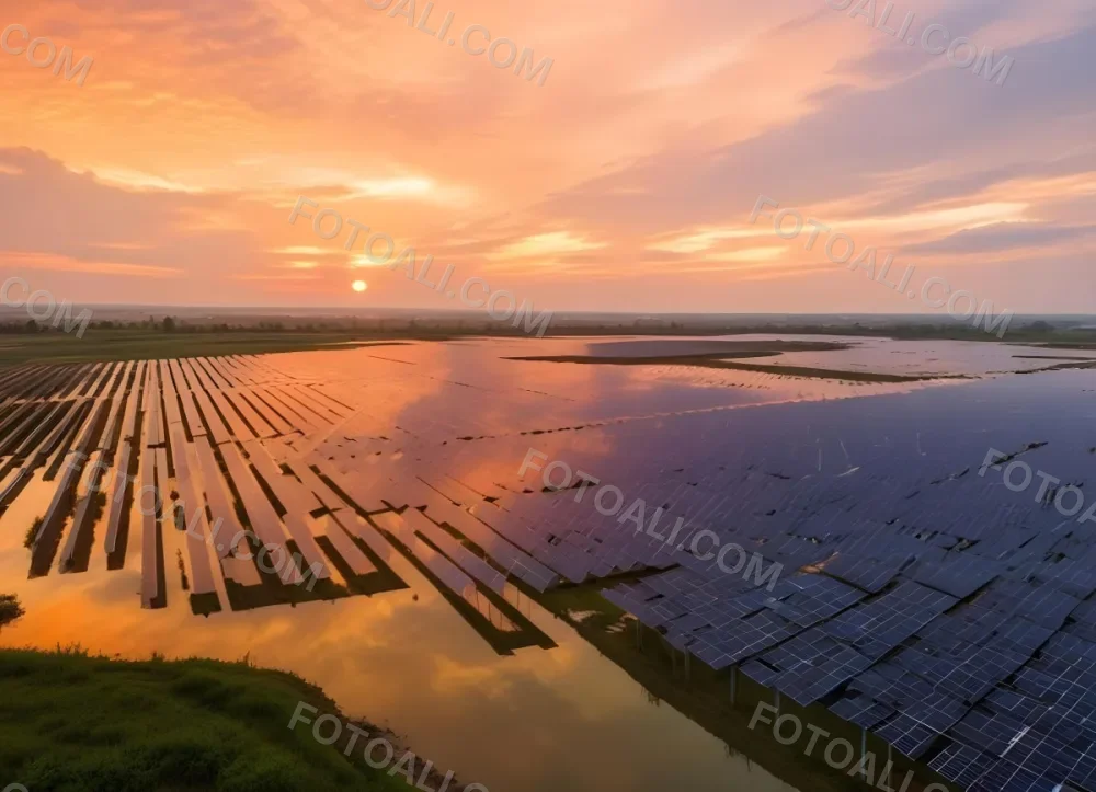 Solar Panel Field Reflecting The Orange Sunset The Panels Are Aligned In Rows The Sky Is Cloudy And Colorful The Environment Is A Rural Area 11 Dc9a