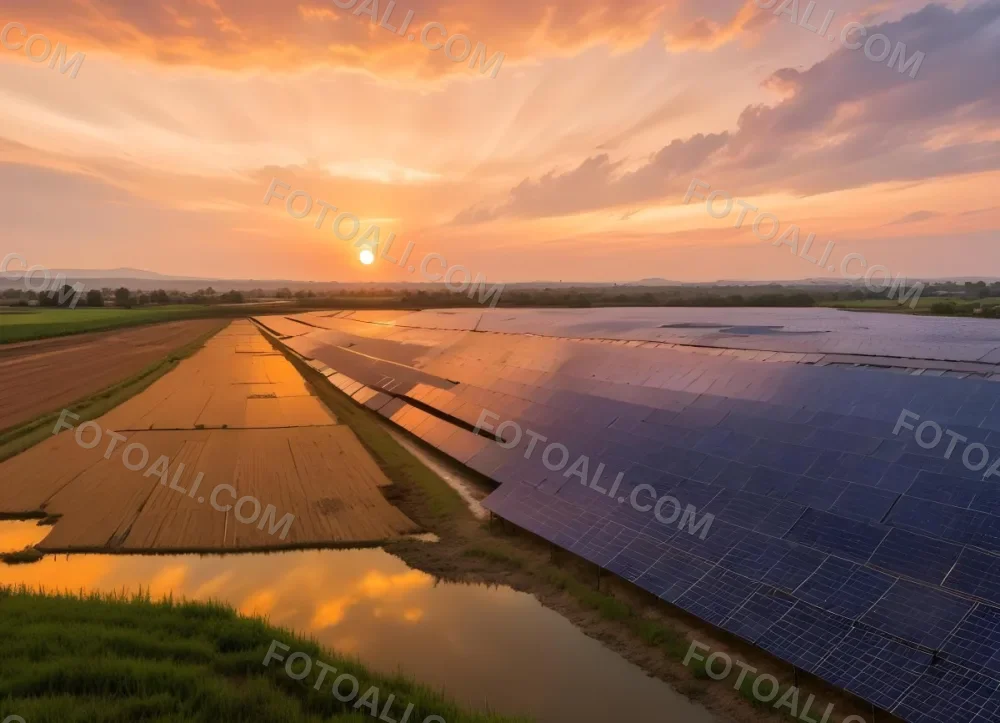 Solar Panel Field Reflecting The Orange Sunset The Panels Are Aligned In Rows The Sky Is Cloudy And Colorful The Environment Is A Rural Area 12 66e8