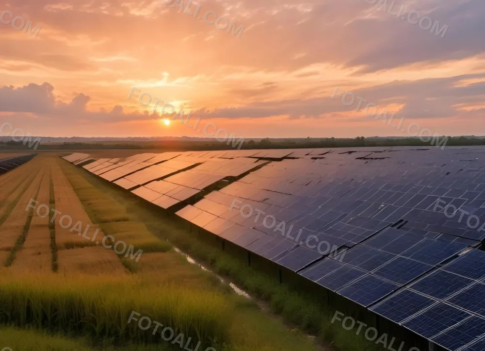 Solar Panel Field Reflecting The Orange Sunset The Panels Are Aligned In Rows The Sky Is Cloudy And Colorful The Environment Is A Rural Area 13 60a0