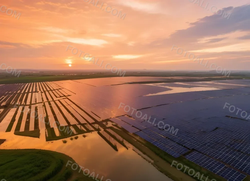 Solar Panel Field Reflecting The Orange Sunset The Panels Are Aligned In Rows The Sky Is Cloudy And Colorful The Environment Is A Rural Area 14 4553
