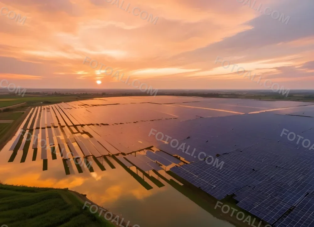 Solar Panel Field Reflecting The Orange Sunset The Panels Are Aligned In Rows The Sky Is Cloudy And Colorful The Environment Is A Rural Area 15 884a