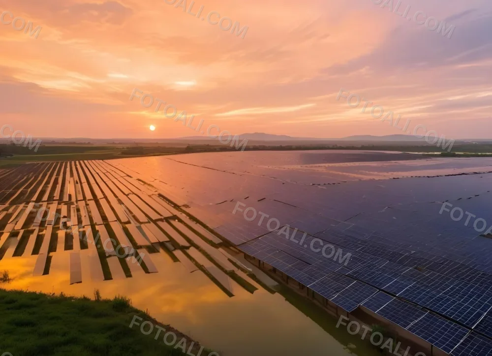 Solar Panel Field Reflecting The Orange Sunset The Panels Are Aligned In Rows The Sky Is Cloudy And Colorful The Environment Is A Rural Area 16 5d9d