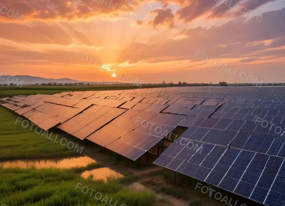 Solar Panel Field Reflecting The Orange Sunset The Panels Are Aligned In Rows The Sky Is Cloudy And Colorful The Environment Is A Rural Area 2 4d60