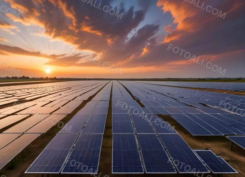 Solar Panel Field Reflecting The Orange Sunset The Panels Are Aligned In Rows The Sky Is Cloudy And Colorful The Environment Is A Rural Area 3 4c49
