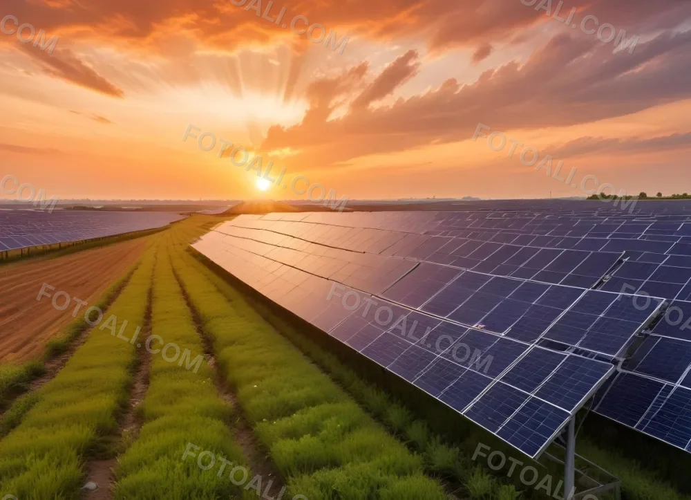 Solar Panel Field Reflecting The Orange Sunset The Panels Are Aligned In Rows The Sky Is Cloudy And Colorful The Environment Is A Rural Area 4 E2cf