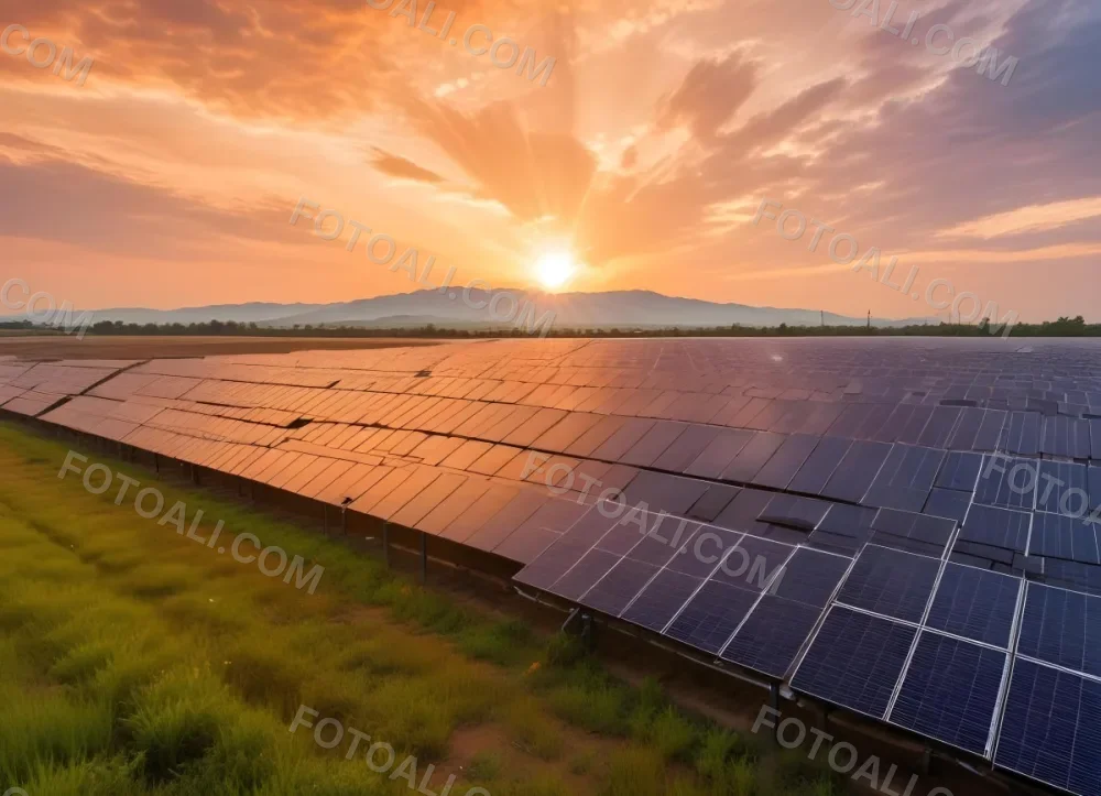 Solar Panel Field Reflecting The Orange Sunset The Panels Are Aligned In Rows The Sky Is Cloudy And Colorful The Environment Is A Rural Area 5 5965
