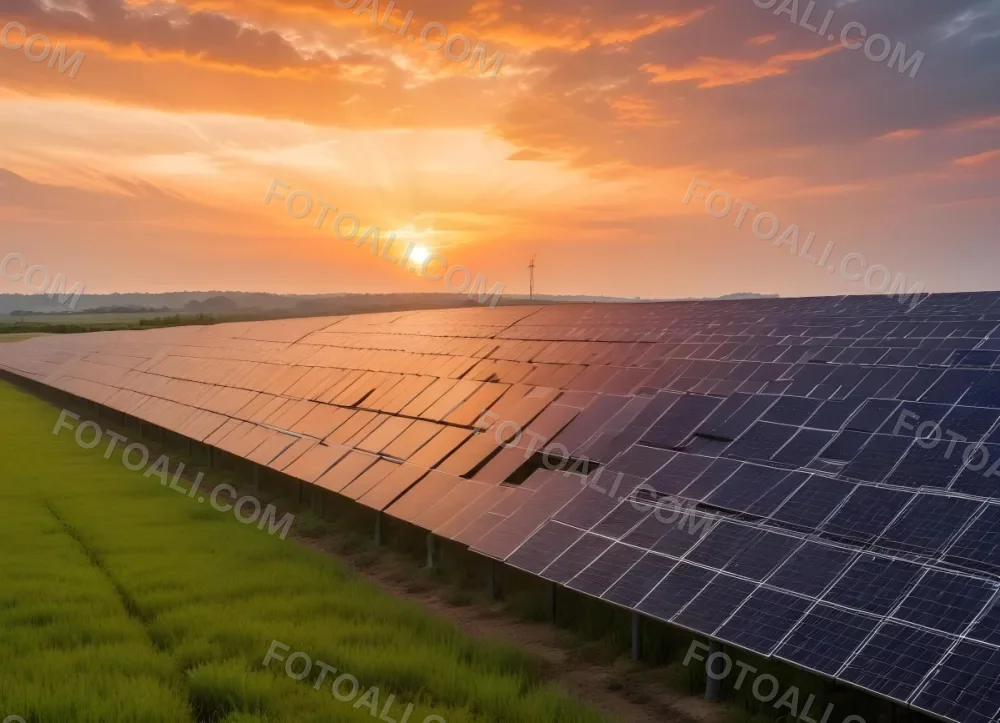 Solar Panel Field Reflecting The Orange Sunset The Panels Are Aligned In Rows The Sky Is Cloudy And Colorful The Environment Is A Rural Area 6 08f3