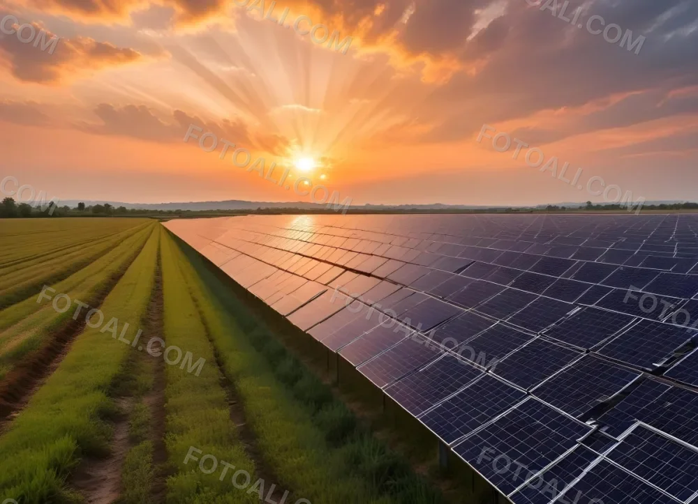 Solar Panel Field Reflecting The Orange Sunset The Panels Are Aligned In Rows The Sky Is Cloudy And Colorful The Environment Is A Rural Area 7 01cd