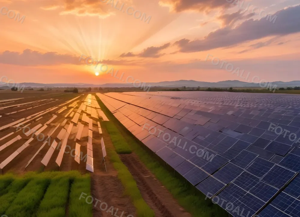 Solar Panel Field Reflecting The Orange Sunset The Panels Are Aligned In Rows The Sky Is Cloudy And Colorful The Environment Is A Rural Area 8 22b3