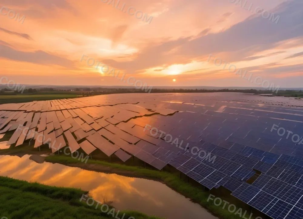 Solar Panel Field Reflecting The Orange Sunset The Panels Are Aligned In Rows The Sky Is Cloudy And Colorful The Environment Is A Rural Area 9 3a00