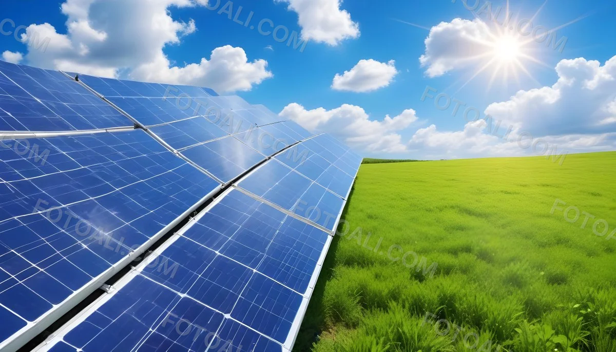 Solar Panels In A Green Field Under A Blue Sky With White Clouds Sun Shining Brightly Renewable Energy Concept Sustainable Technology 1 D25c