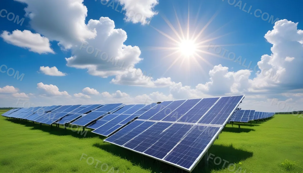 Solar Panels In A Green Field Under A Blue Sky With White Clouds Sun Shining Brightly Renewable Energy Concept Sustainable Technology 12 9b5a