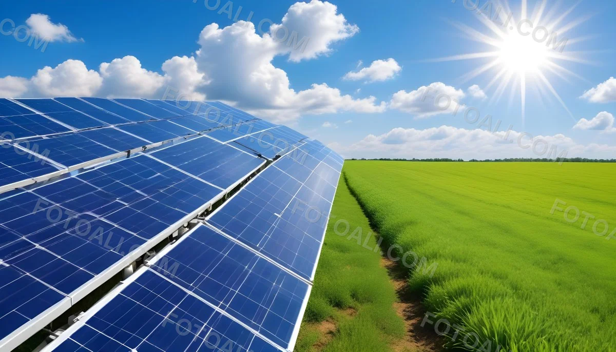 Solar Panels In A Green Field Under A Blue Sky With White Clouds Sun Shining Brightly Renewable Energy Concept Sustainable Technology 16 6baa