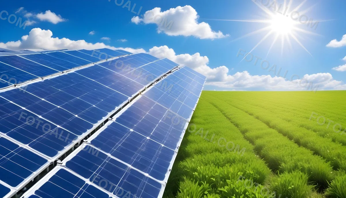 Solar Panels In A Green Field Under A Blue Sky With White Clouds Sun Shining Brightly Renewable Energy Concept Sustainable Technology 2 7ab8