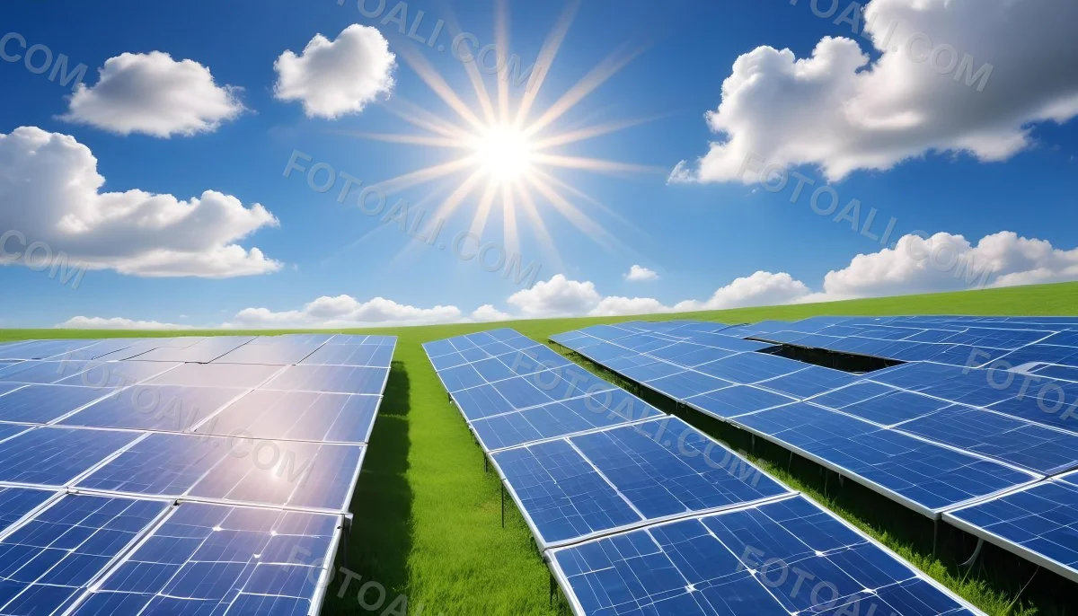 Solar Panels In A Green Field Under A Blue Sky With White Clouds Sun Shining Brightly Renewable Energy Concept Sustainable Technology 20 2948