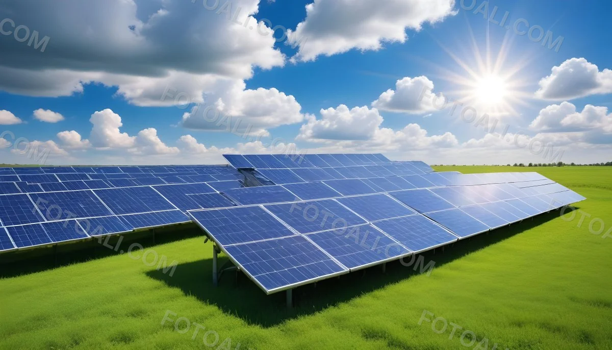 Solar Panels In A Green Field Under A Blue Sky With White Clouds Sun Shining Brightly Renewable Energy Concept Sustainable Technology 21 04ec